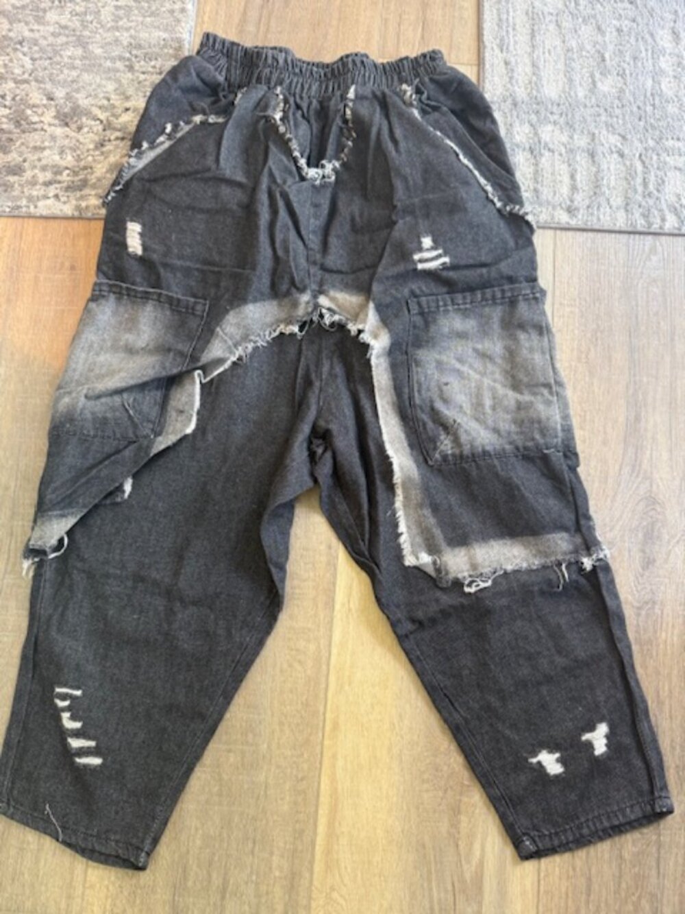 Women's Denim Harem Pants Patchwork Ripped Jeans Elastic Waist Loose Stretchy Sm